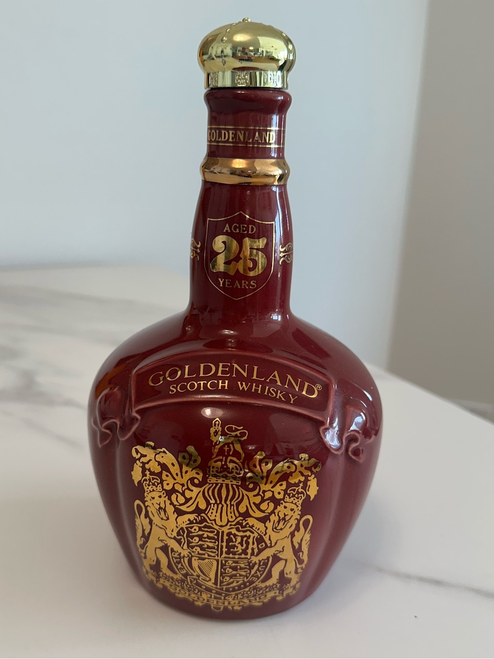 Vintage Ceramic 25 Year Aged Scotch Whisky Empty Bottle Burgandy/Gold